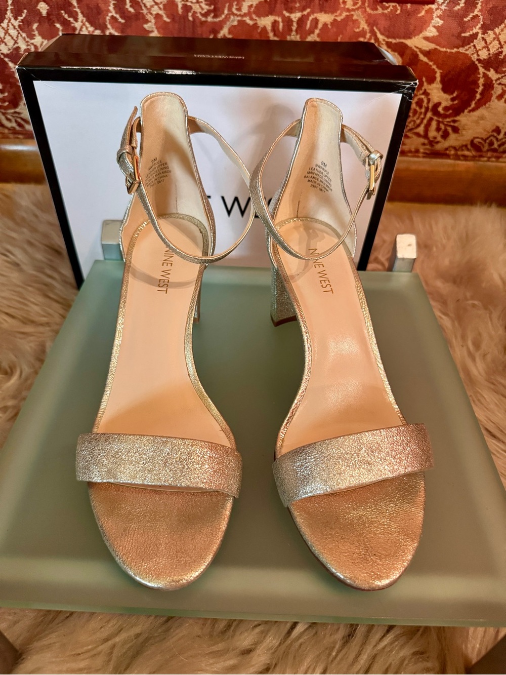 Nine West Metallic Gold Block Heel Ankle-Strap Sandals